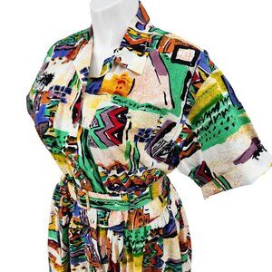 Vintage Together! Multicolor Abstract Print Belted Short-Sleeve Cotton Dress Wom
